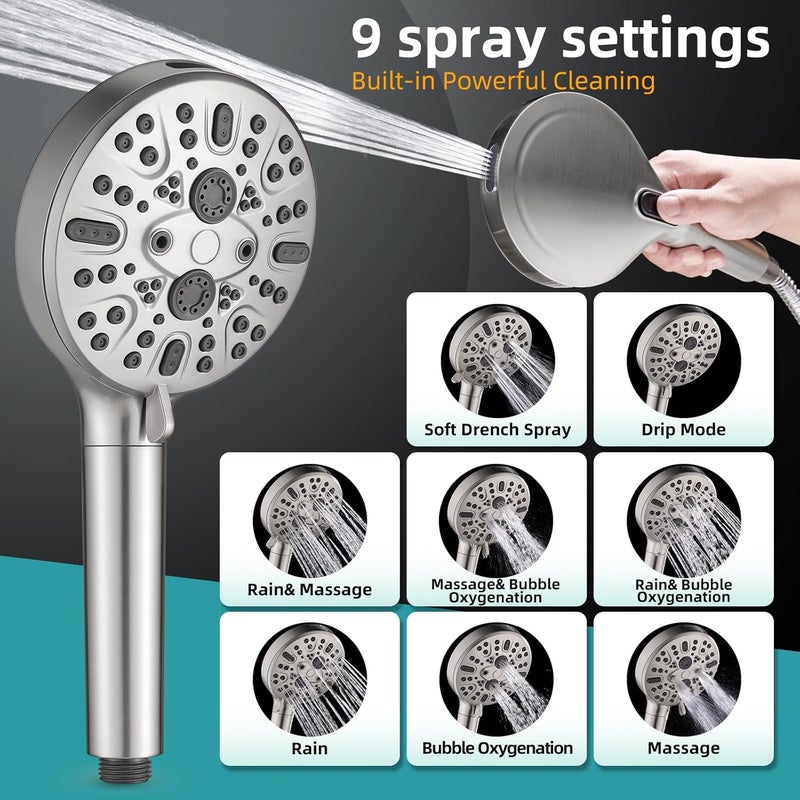 Cobbe Handheld Shower Head with Filter, High Pressure 9 Spray Mode Showerhead Built-in Power Wash with Hose, Bracket and Water Softener for Hard Water Remove Chlorine, Brushed Nickel - Image 2